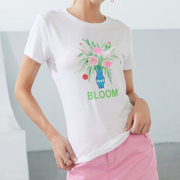 Floral Letter Round Neck Tee