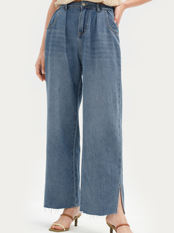 Split Washed Wide Leg Pocket High Waist Jeans