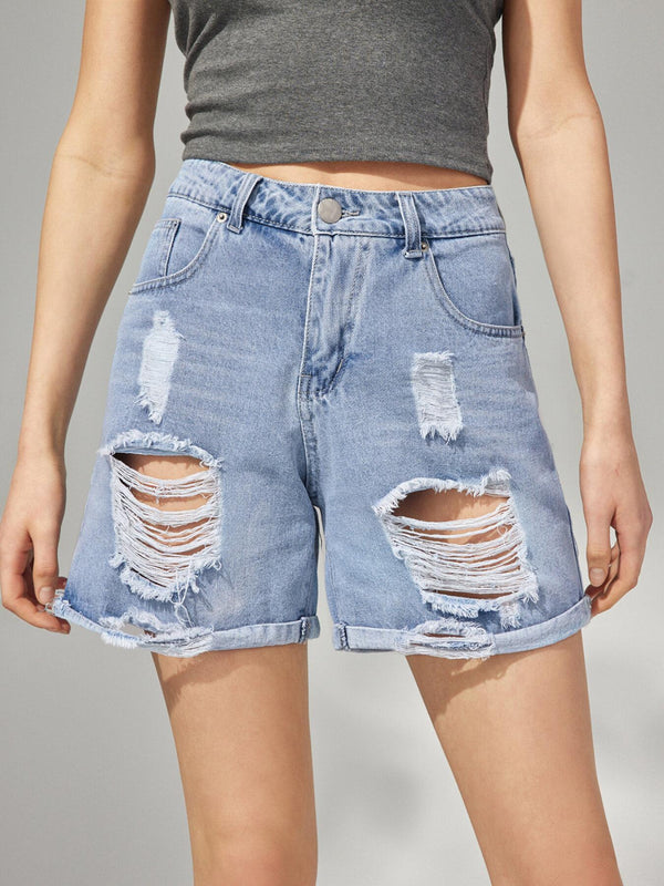 Pocket Ripped High Waist Denim Shorts