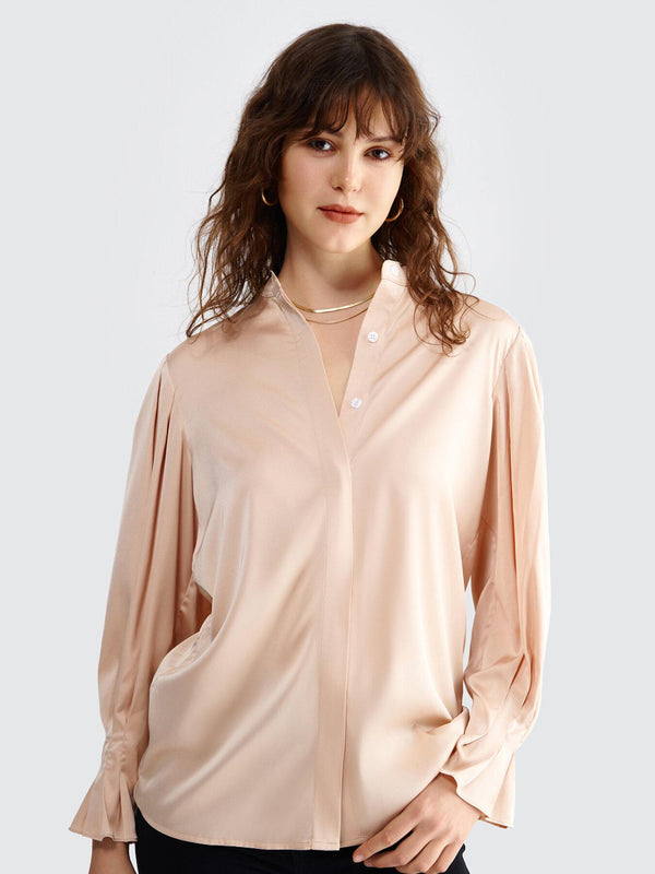 Ruffle Button Notched Bishop Sleeve Blouse