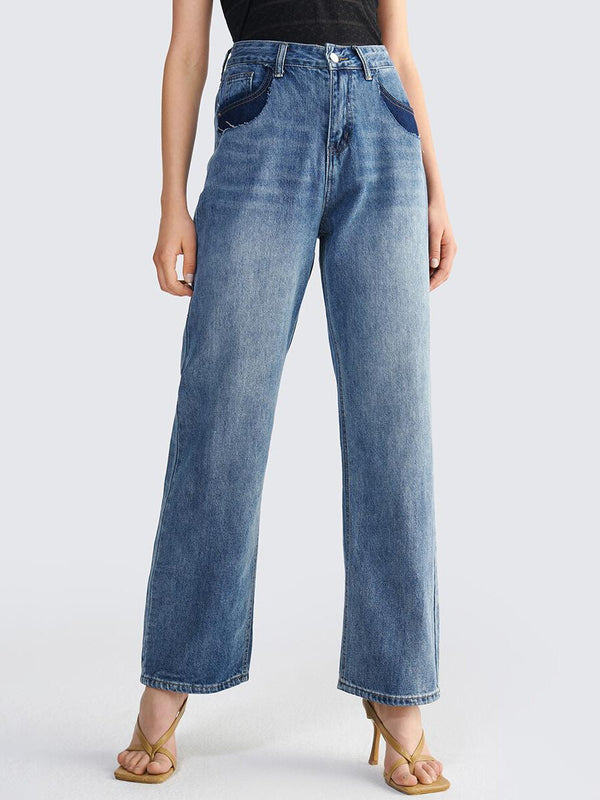 Colorblock Pocket Washed Wide Leg Jeans