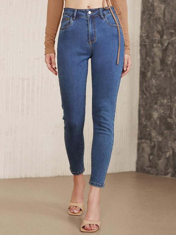 Button Front Pocket Zipper Skinny Jeans