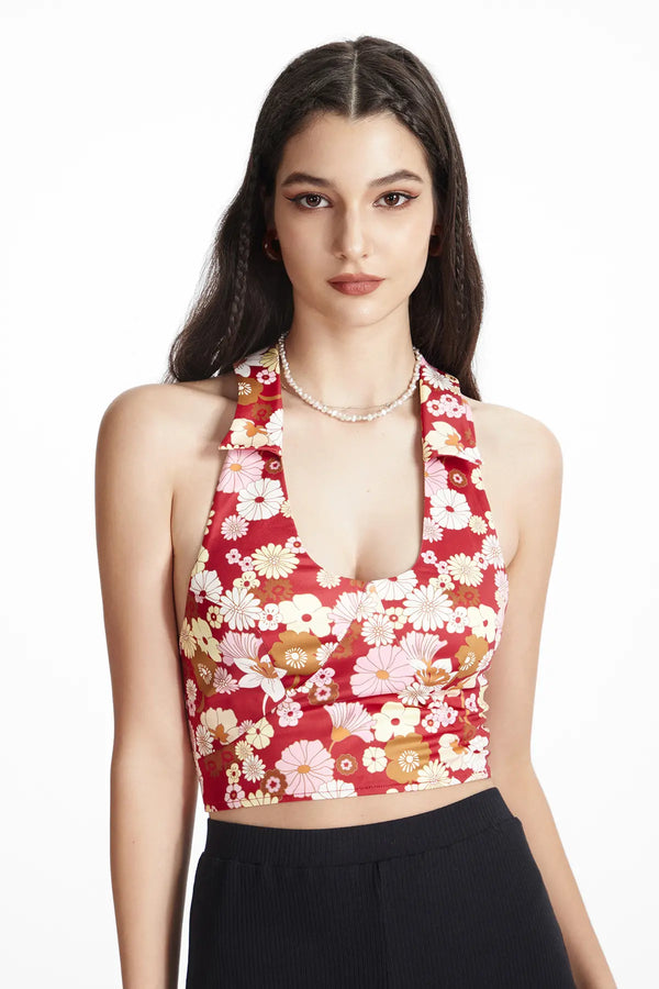 Floral Backless Zipper Back Halter Top