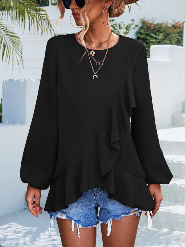 Ruffle Hem Bishop Sleeve Blouse