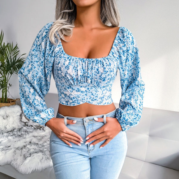 Women's Floral Backless Cut Out Ruched Long Sleeve Blouse