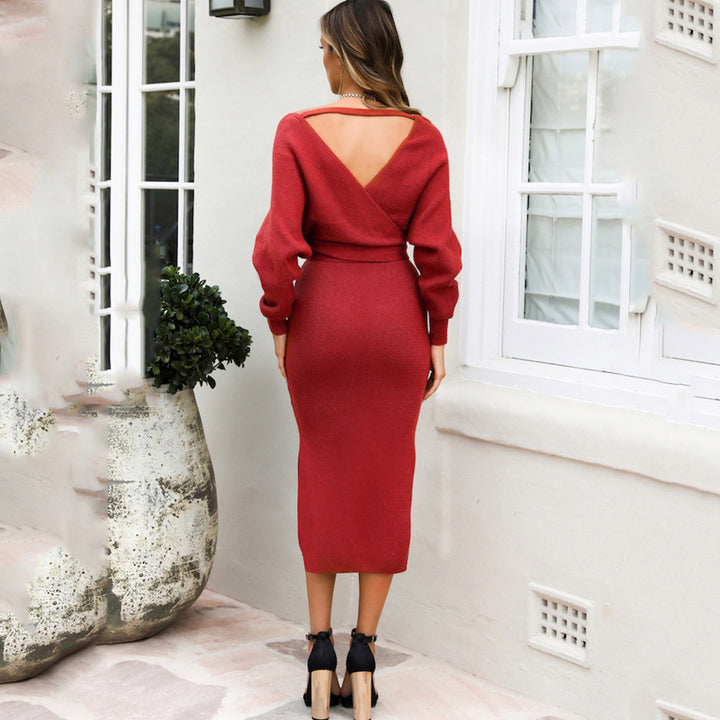 Knitted Slim-fit V-neck Sweater Dress - ONEK