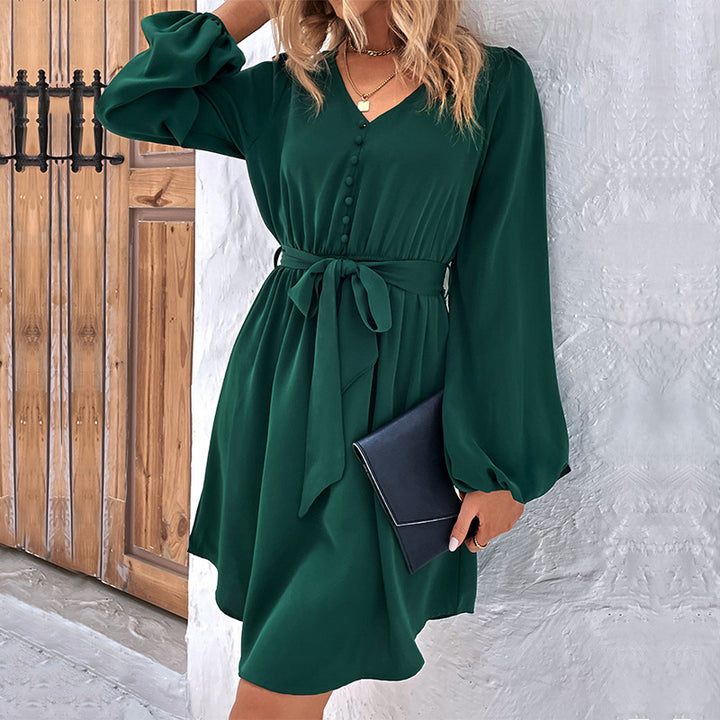 New Solid Color Long Sleeve V-Neck Belted Dress - ONEK