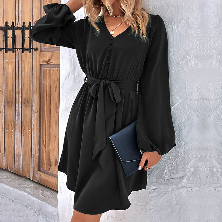 New Solid Color Long Sleeve V-Neck Belted Dress - ONEK