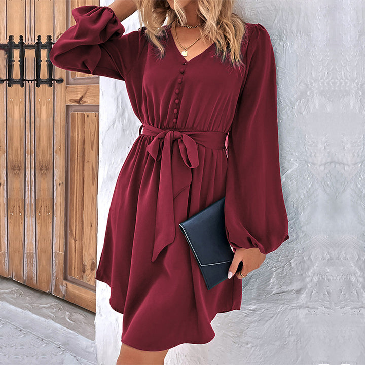 New Solid Color Long Sleeve V-Neck Belted Dress - ONEK