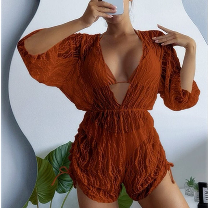 Long Sleeve Mesh Bandeau One Piece Swimsuit High Waist Printed Bikini Set - ONEK