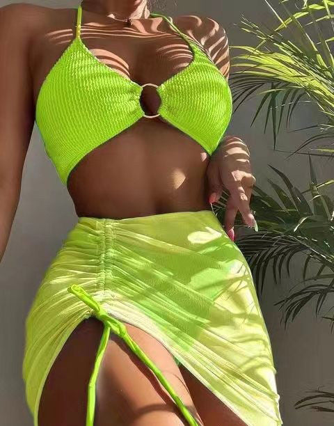 Solid Color Modern Simple Sexy Short Skirt Split Swimsuit Bikini - ONEK