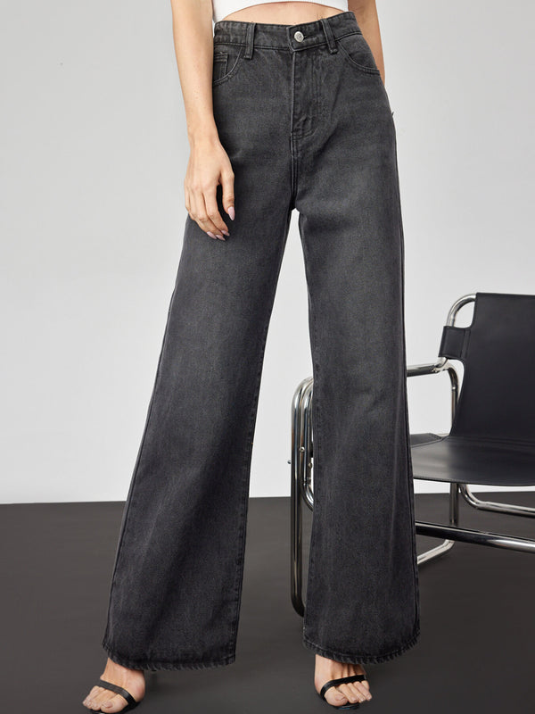 Plain Button Front Wide Leg Jeans