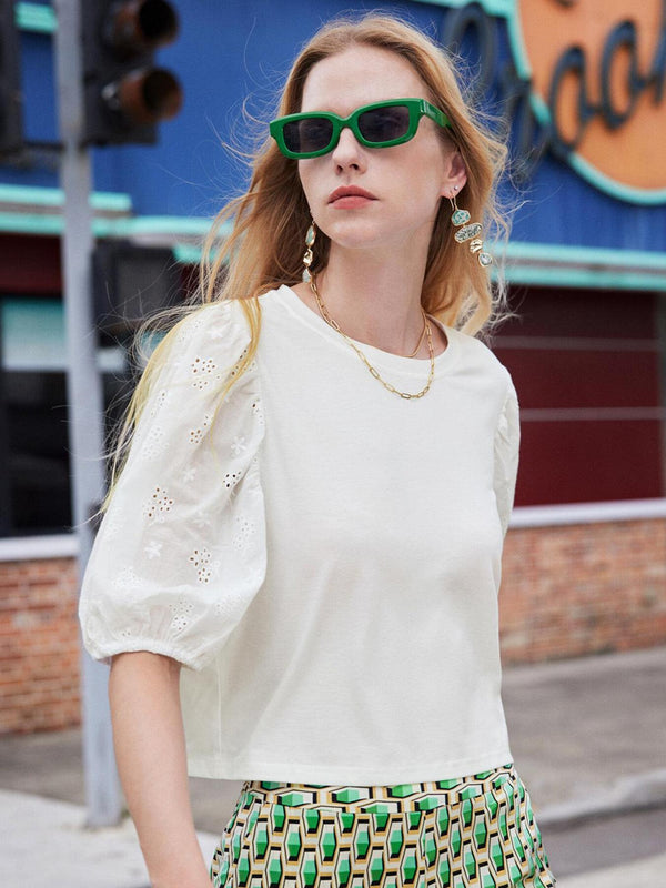 Eyelet Embroidery Puff Sleeve Top