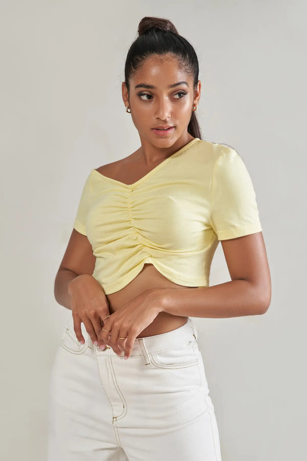 Ruched Asymmetrical Neck Crop Top