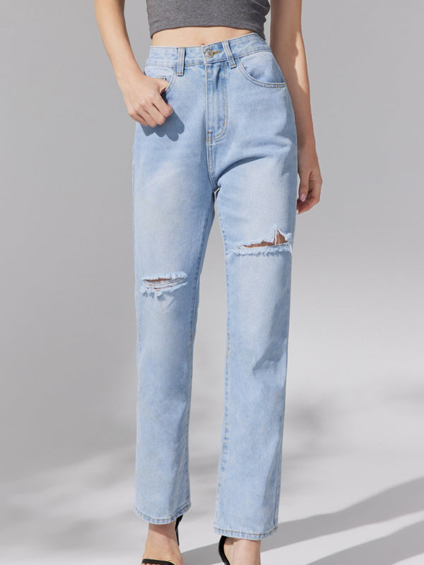 Ripped Straight Leg High Waist Denim Jeans