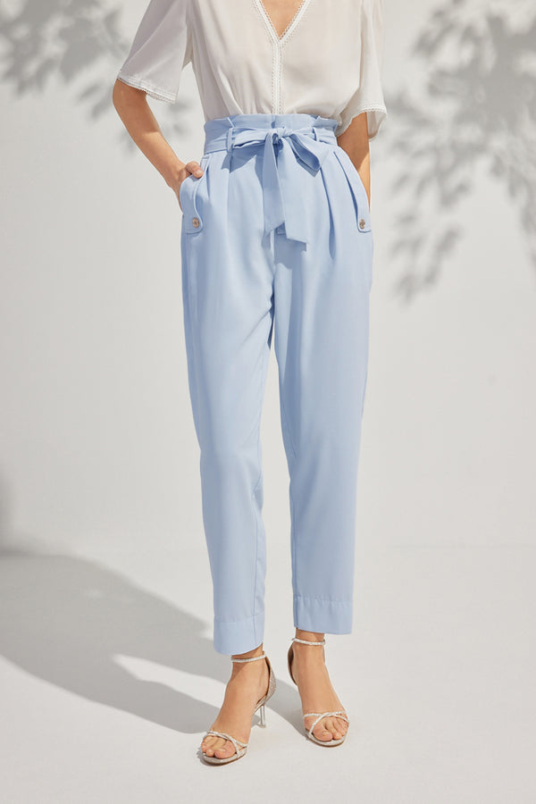 Belted Pocket High Waist Cotton Poplin Pants