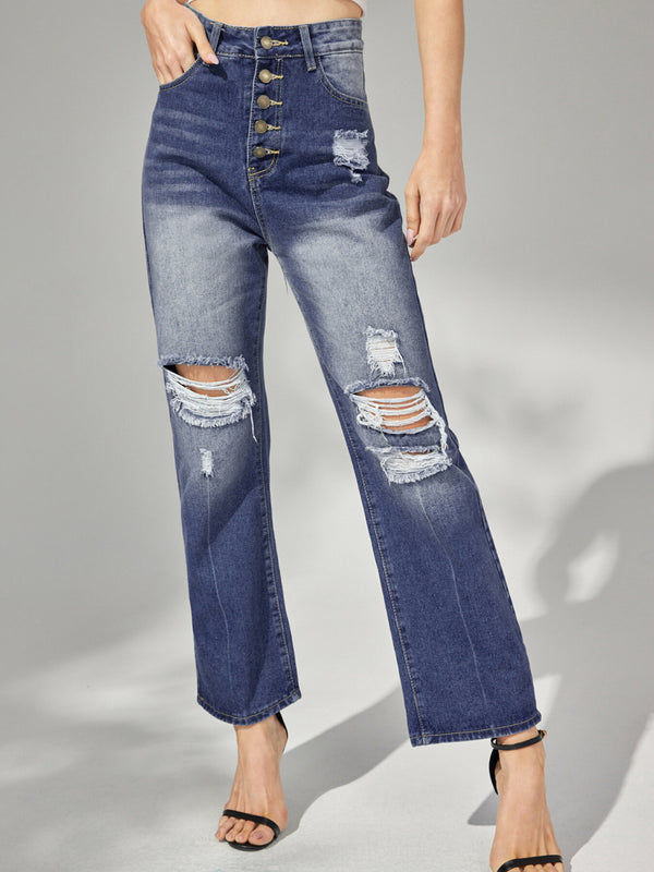 Plain Ripped Button Front Straight Leg Jeans