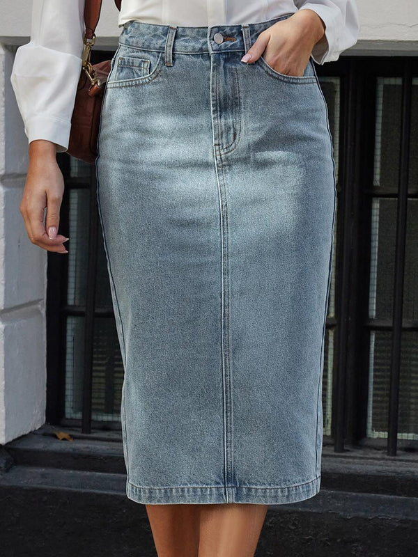 Split Back High Waist Denim Skirt