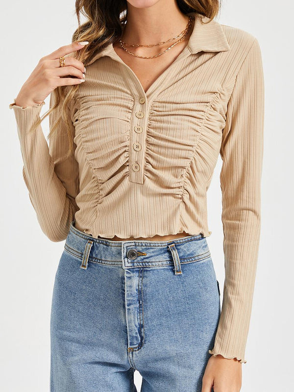 Lettuce Trim Ruched Collar V Neck Top