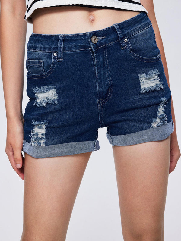 Ripped Roll Up Hem Denim Shorts