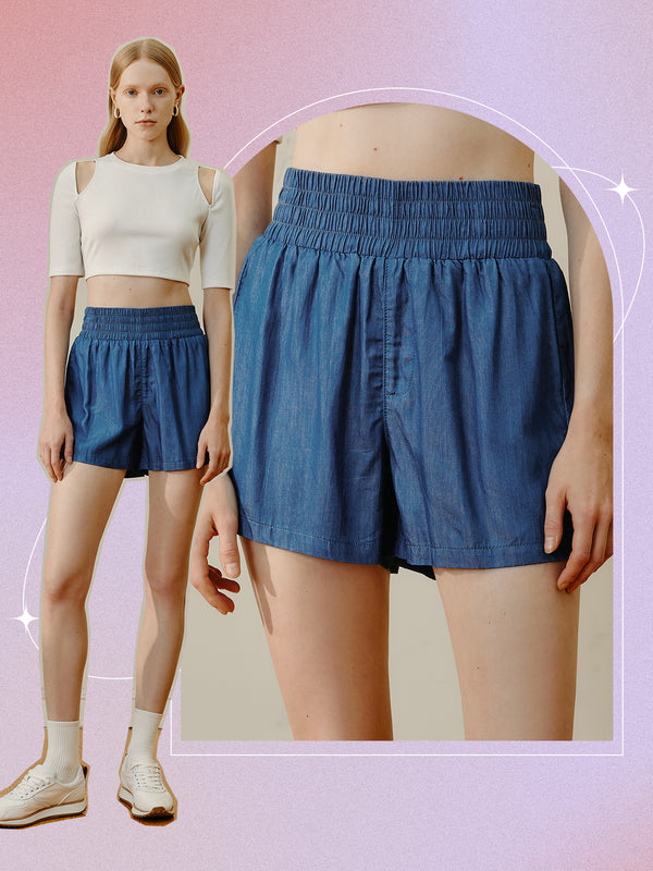 Elastic Waist Plicated Denim Shorts