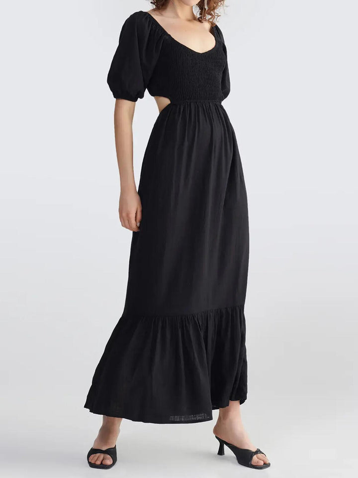 Cut Out Ruffle Hem Shirred A Line Long Maxi Dress - ONEK