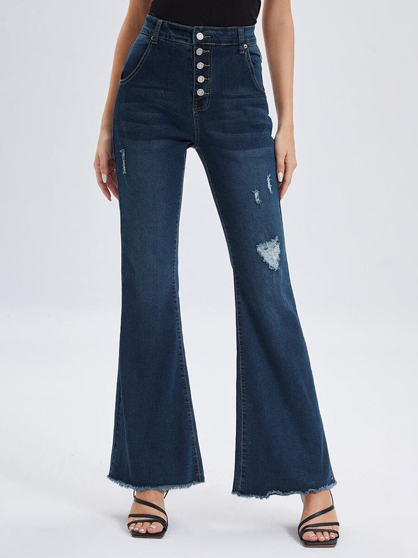 Ripped Raw Hem High Waist Flare Leg Jeans