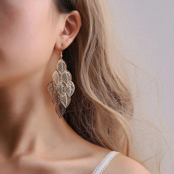 OL simple multi-layer openwork leaf earrings