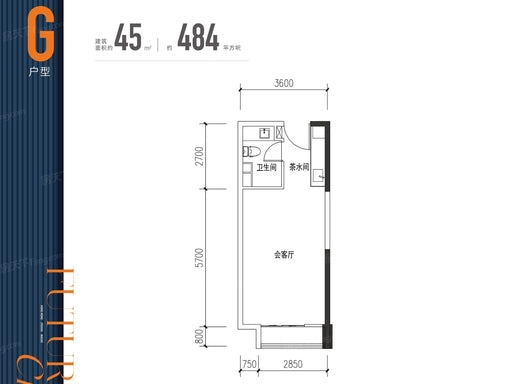 約 45㎡（約 13.6 坪）一房戶型圖
