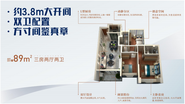 約 89㎡（約 26.9 坪）三房戶型圖